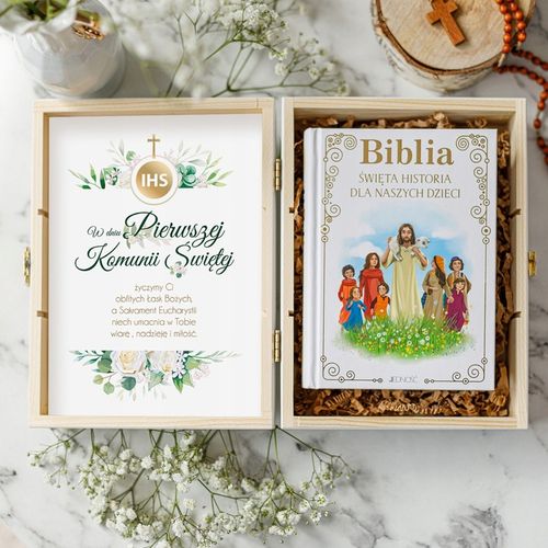 PAMIĄTKA KOMUNII ŚWIĘTEJ BIBLIA W PUDEŁKU PREZENT NA KOMUNIĘ UPOMINEK na Arena.pl