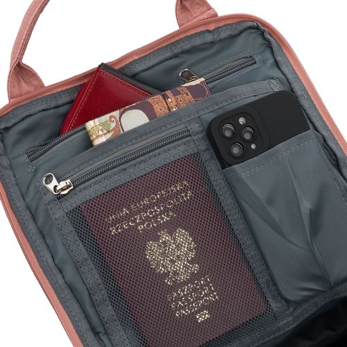 różowo-szary plecak damski z poliestru i skóry ekologicznej, na Arena.pl