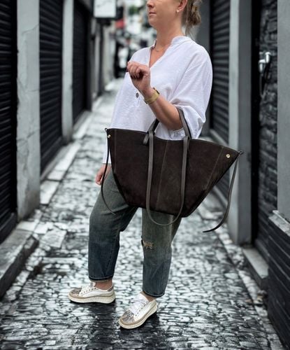 Czekoladowa zamszowa torebka brązowa shopper XL ZAMSZ NATURALNY łódka na Arena.pl