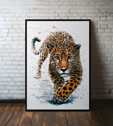 Plakat lampart ilustracja wydruk akwarela 21x30 cm w czarnej ramie na Arena.pl