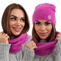 KOMPLET DAMSKI CZAPKA BEANIE KOMIN GOLF TUBA ZESTAW CIEPŁY ALPAKA FUKSJOWY