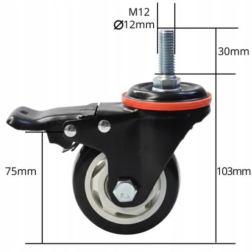 OBROTOWE KÓŁKO 75mm Z HAMULCEM do 460kg TRZPIEŃ Gwint M12x30mm 1szt na Arena.pl