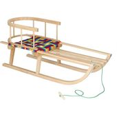 Sanki z oparciem drewniane dla dzieci z materiałowymi pasami