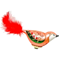 Bombka choinkowa szklana: Kolorowy ptaszek z czerwonym piórkiem