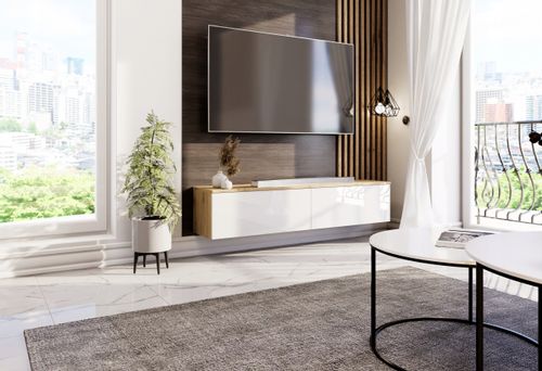 Wisząca szafka RTV 150cm biała/dąb artisan na Arena.pl