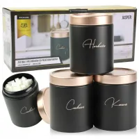 KOMPLET 3 POJEMNIKI KAWA HERBATA CUKIER CZARNE MATOWE POKRYWKI ROSE GOLD