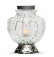 Znicz solarny nowoczesny kształt serca srebrny 28 cm