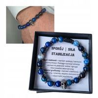 BRANSOLETKA MĘSKA DLA NIEGO AGAT NIEBIESKI TURMALIN HEMATYT OCHRONA SPOKÓJ