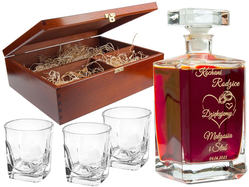 KARAFKA z 3 szklankami w etui ROCZNICA ŚLUBU prezent 20 25 30 35 40 50 60 zdjęcie 1