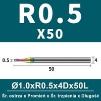 Frez kulowy, kula 2-ostrzowy VHM powłoka DLC Rozmiar: Ø1.0xR0.5x4Dx50L
