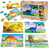 Drewniane Puzzle 4W1 Dinozaury Układanka Zestaw Zabawka Dla Dzieci