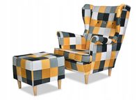 Fotel uszak ARI PRINT z podnóżkiem skandynawski Family Meble kratka