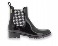 LES TROPEZIENNES CZARNE LAKIEROWANE BOTKI Z NADRUKIEM PEPITKA 37