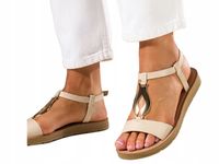 SANDAŁY DAMSKIE PŁASKA PODESZWA MODNA OZDOBA OBUWIE NA LATO BEŻOWE r 39