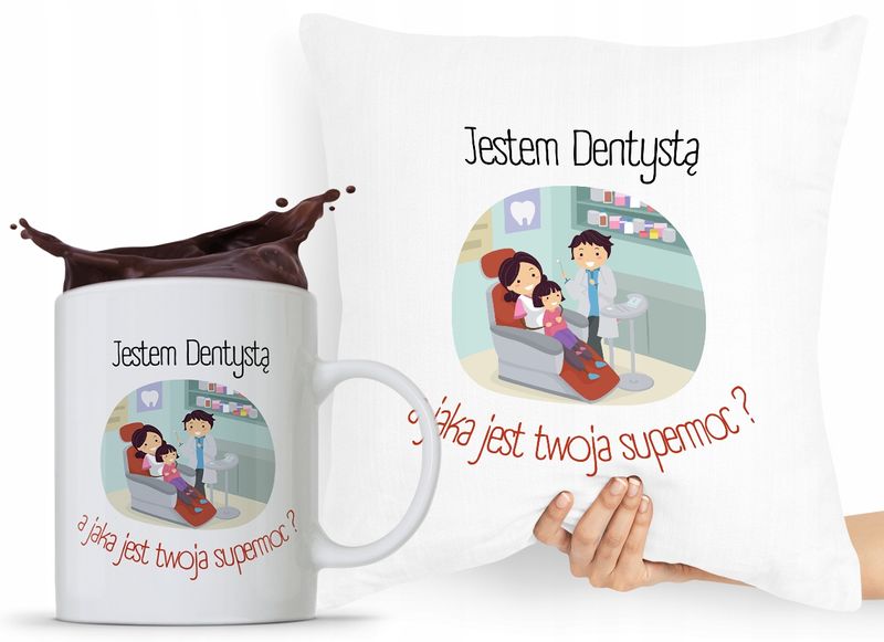 Zestaw Prezentowy Poduszka + Kubek Dla Dentysty Z Nadrukiem Ze Zdjęciem zdjęcie 1