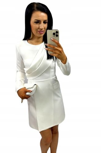 Elegancka sukienka z szarfą, plisą idealna na komunię i chrzciny ECRU M na Arena.pl