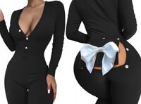 PIŻAMA Damska Z KLAPKĄ NA PUPIE Prezent KOKARDA Czarna S