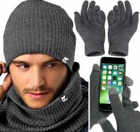 CIEPŁY KOMPLET męski CZAPKA + KOMIN + RĘKAWICZKI DOTYKOWE zimowy POLSKI p