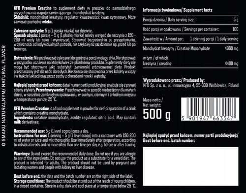 KFD PREMIUM CREATINE - 500 G KREATYNA MONOHYDRAT - NATURALNA na Arena.pl