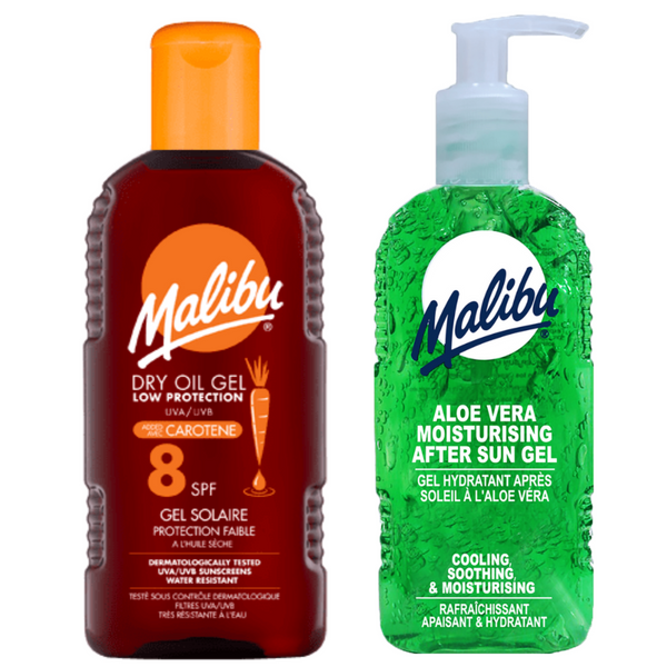Malibu Suchy Żel Z Karotenem SPF8 200ml + Aloe Żel Po Opalaniu 200ml zdjęcie 1