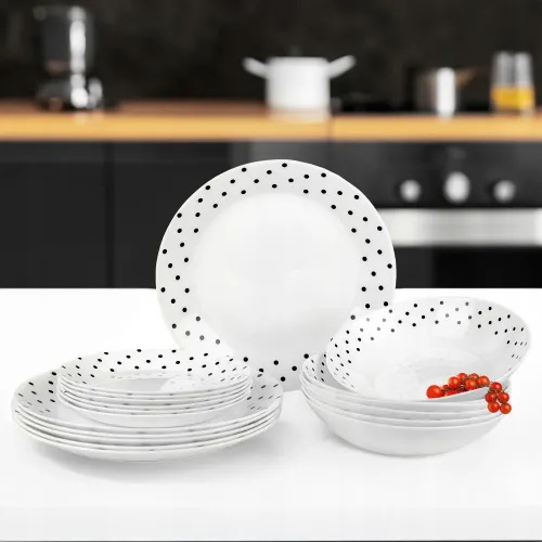 SERWIS OBIADOWY 18 ELEM DLA 6 OSÓB KPL TALERZY ZE ZDOBIENIEM W KROPKI SZKŁO na Arena.pl