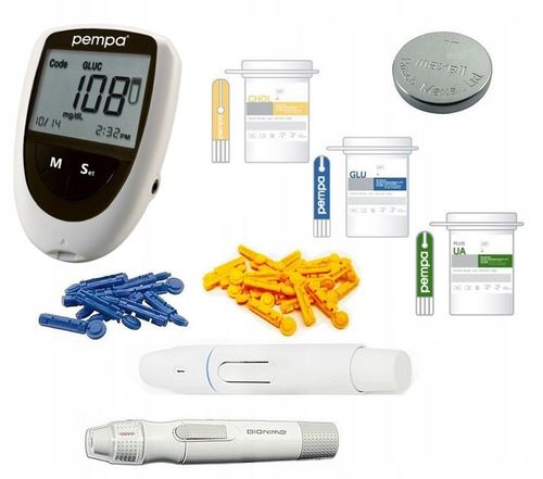 GLUKOMETR BENECHECK PEMPA 3W1 GLUKOZA KWAS MOCZOWY CHOLESTEROL + 3 GRATISY na Arena.pl