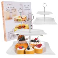 PATERA PORCELANOWA NOWOCZESNA BIAŁA 2 POZIOMOWA TACKA NA CIASTO SREBRNA