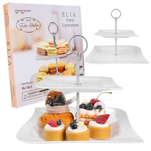 PATERA PORCELANOWA NOWOCZESNA BIAŁA 2 POZIOMOWA TACKA NA CIASTO SREBRNA na Arena.pl