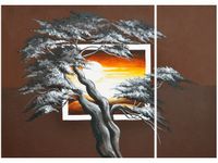 70X50CM DRZEWO TLE ZACHODZĄCEGO SŁOŃCA DWÓJ OBRAZ NIESYMETRYCZNY