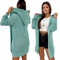 Kardigan Narzutka Sweter Damski z Kapturem GALPA MIĘTOWY