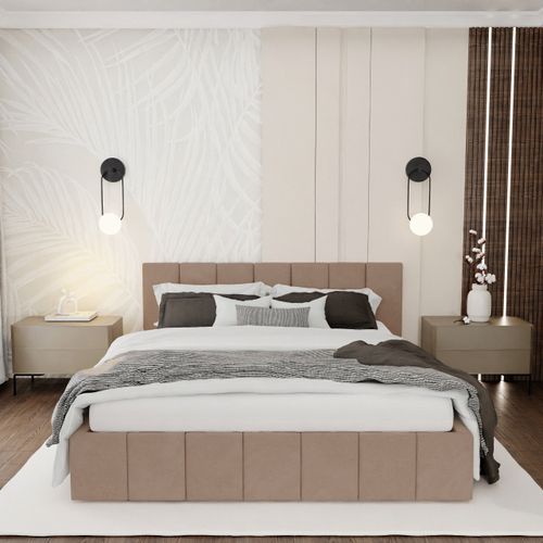 ŁÓŻKO TAPICEROWANE DO SYPIALNI 140x200 ŁÓŻKO PREMIUM Z POJEMNIKIEM BEŻOWE na Arena.pl