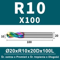 Frez kulowy, kula 2-ostrzowy VHM powłoka DLC Rozmiar: Ø20.0xR10x20Dx100L