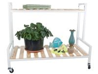 REGAŁ METAL DREWNO NA KOŁACH KWIATY DONICZKOWE DWUPOZIOMOWY PÓŁKA