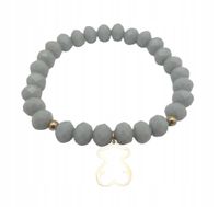 Bransoletka z szarych koralików z zawieszką miś w kolorze złotym