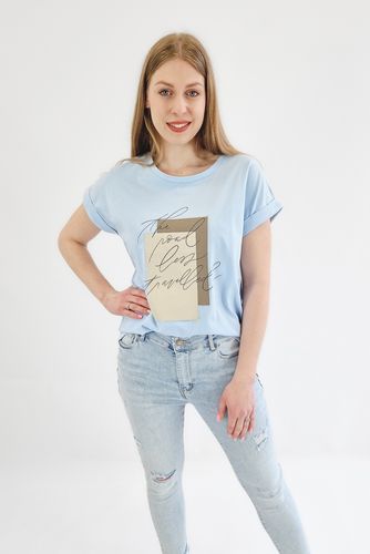 Niebieska Bluzka z Beżową Aplikacją i Napisami UNI na Arena.pl