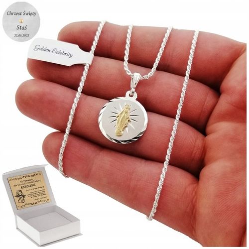 SREBRNY ŁAŃCUSZEK KORDEL + MEDALIK 925 PREZENT NA KOMUNIĘ CHRZEST + GRAWER na Arena.pl