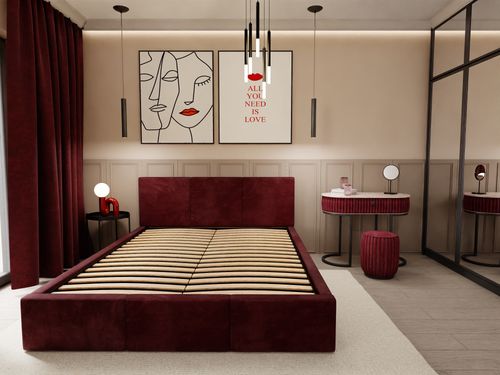 ŁÓŻKO TAPICEROWANE DO SYPIALNI 120x200 ŁÓŻKO PODWÓJNE Z POJEMNIKIEM BORDOWE na Arena.pl