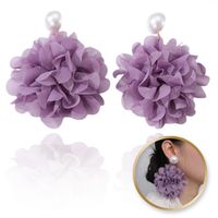 kolczyki wiszące, efektowne tiulowe kwiat z perła, sztyft fiolet k1709