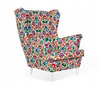 Fotel uszak ARI PRINT skandynawski  łowicki biały kwiaty