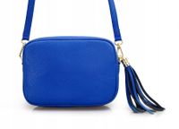 VERA PELLE torebka skórzana listonoszka z frędzelkiem V145 chabrowa