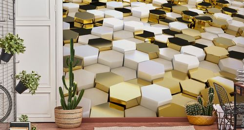 Fototapeta MOZAIKA Złote Heksagony Wzór 3D 368cm x 254cm na Arena.pl