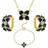 KOMPLET ZŁOTEJ BIŻUTERII 925 DLA KOBIETY KWIAT CZARNE KWIATY ELEGANCJA