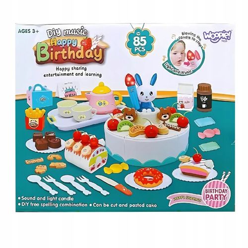 WIELKI ZESTAW CUKIERNIA TORT URODZINOWY KROJENIA SERWIS HERBATY 85EL WOOPIE na Arena.pl