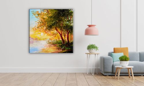 OBRAZ NA PŁÓTNIE 021 Drzewa nad rzeką 50x50cm na Arena.pl
