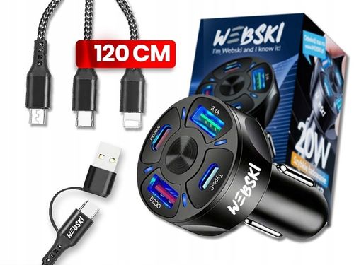 ZESTAW ŁADOWARKA SAMOCHODOWA 6A 30W 2X USB 2 X USB-C Z KABLEM COMBO USB 6W1 na Arena.pl