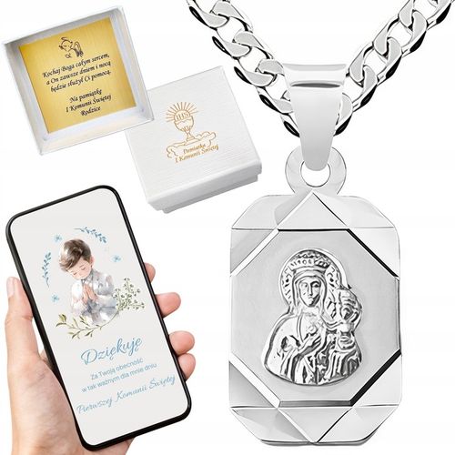 Łańcuszek srebrny pancerka i medalik Matka Boska na komunię na chrzest 50cm na Arena.pl