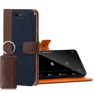 Etui do Nokia 7.1 Wallet case - Nubuk Orzechowy i Granatowy - Surazo® ze Skóry Naturalnej
