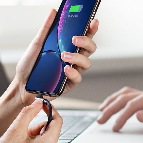 Kątowy kabel przewód do iPhone USB - Lightning MFI 2.4A 1m czarny na Arena.pl