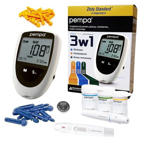 GLUKOMETR BENECHECK PEMPA 3W1 GLUKOZA KWAS MOCZOWY CHOLESTEROL + 3 GRATISY na Arena.pl