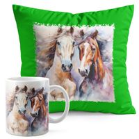 ZESTAW KUBEK + PODUSZKA ZIELONA - KOŃ KONIE JAZDA KONNA HOBBY HORSE